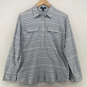 CHAPS DENIM Top Womens L Striped Half Button Shirt Long Sleeve Cotton Blue